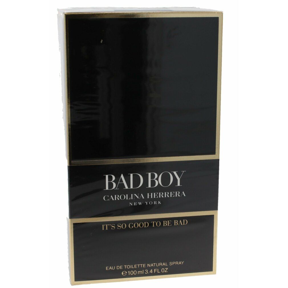 Schwarze Verpackung mit Schriftzug BAD BOY. Goldfarbene Details. Text: Eau de Toilette Natural Spray.