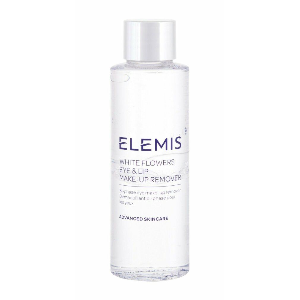 Transparente Flasche mit weißem Deckel. Aufschrift: Elemis White Flowers Eye & Lip Make-Up Remover.