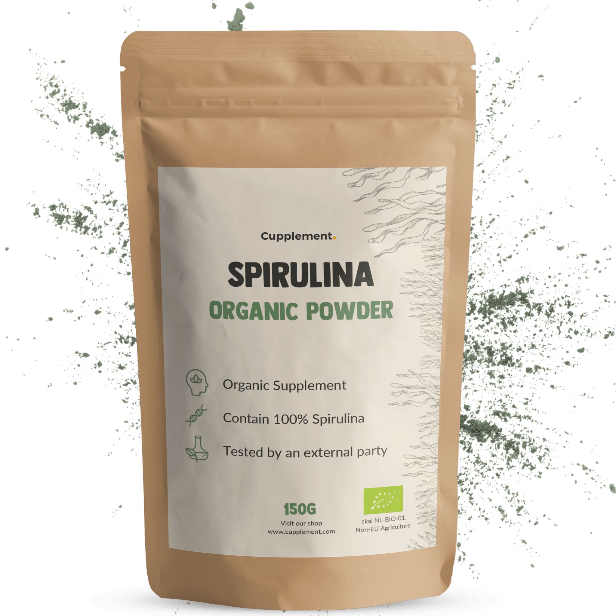 Beutel mit Spirulina-Pulver. Aufschrift: Spirulina Organic Powder. 150g. Bio-Siegel.