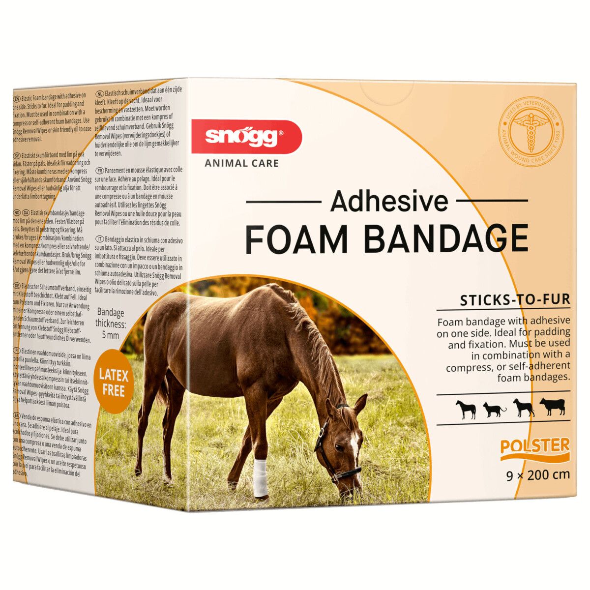 Verpackung Snögg Klebe-Schaumverband für Tiere, mit Bild eines Pferdes.