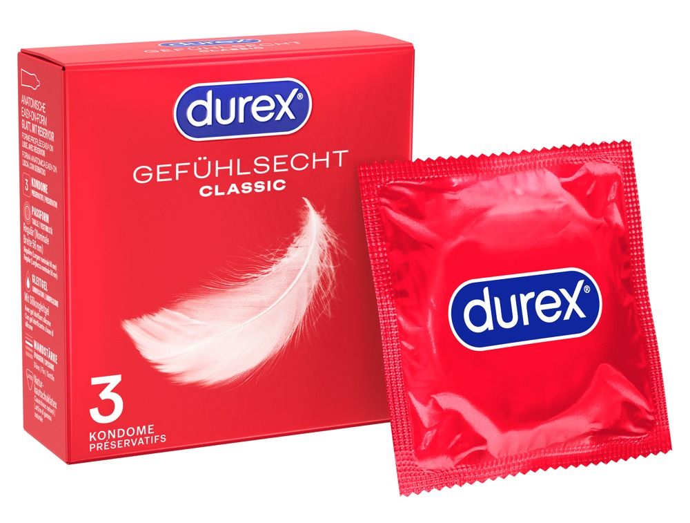 Durex Gefühlsecht Classic Kondom-Packung mit 3 Stück und einer einzelnen Kondom-Verpackung. Zeigt eine Feder.