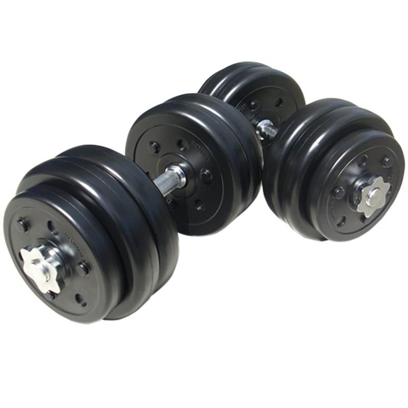 Zwei schwarze Kurzhanteln mit Gewichtsscheiben. Metallgriff und -verschlüsse. Kunststoff-Gewichtsscheiben.