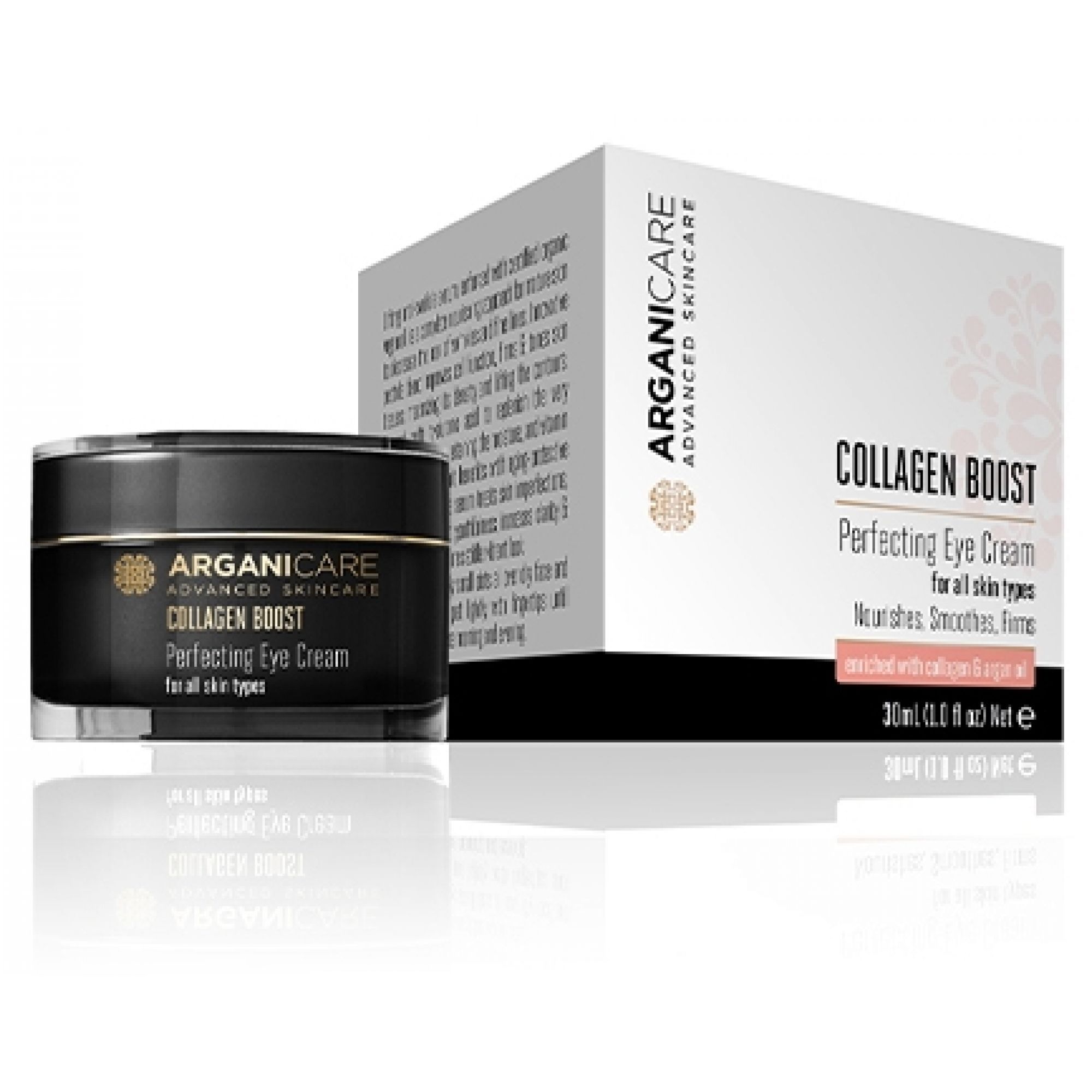 Arganicare Collagen Boost Augencreme in schwarzem Tiegel neben weißer Faltschachtel.