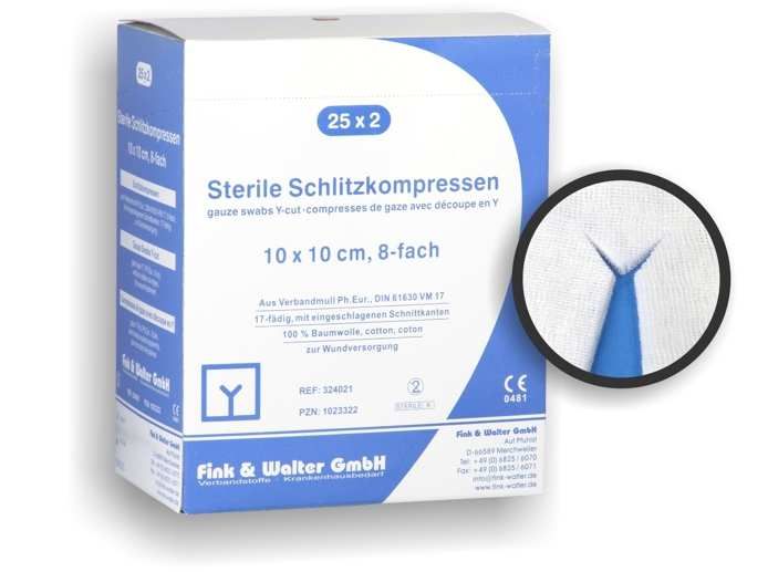 Verpackung mit "Sterile Schlitzkompressen". Größe 10x10 cm, 8-fach. Detailansicht einer Kompresse mit Y-förmigem Schlitz. CE-Kennzeichnung.