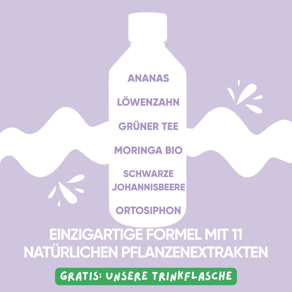 Flaschen-Silhouette mit Zutatenliste und Text 'Einzigartige Formel mit 11 Pflanzenextrakten'.