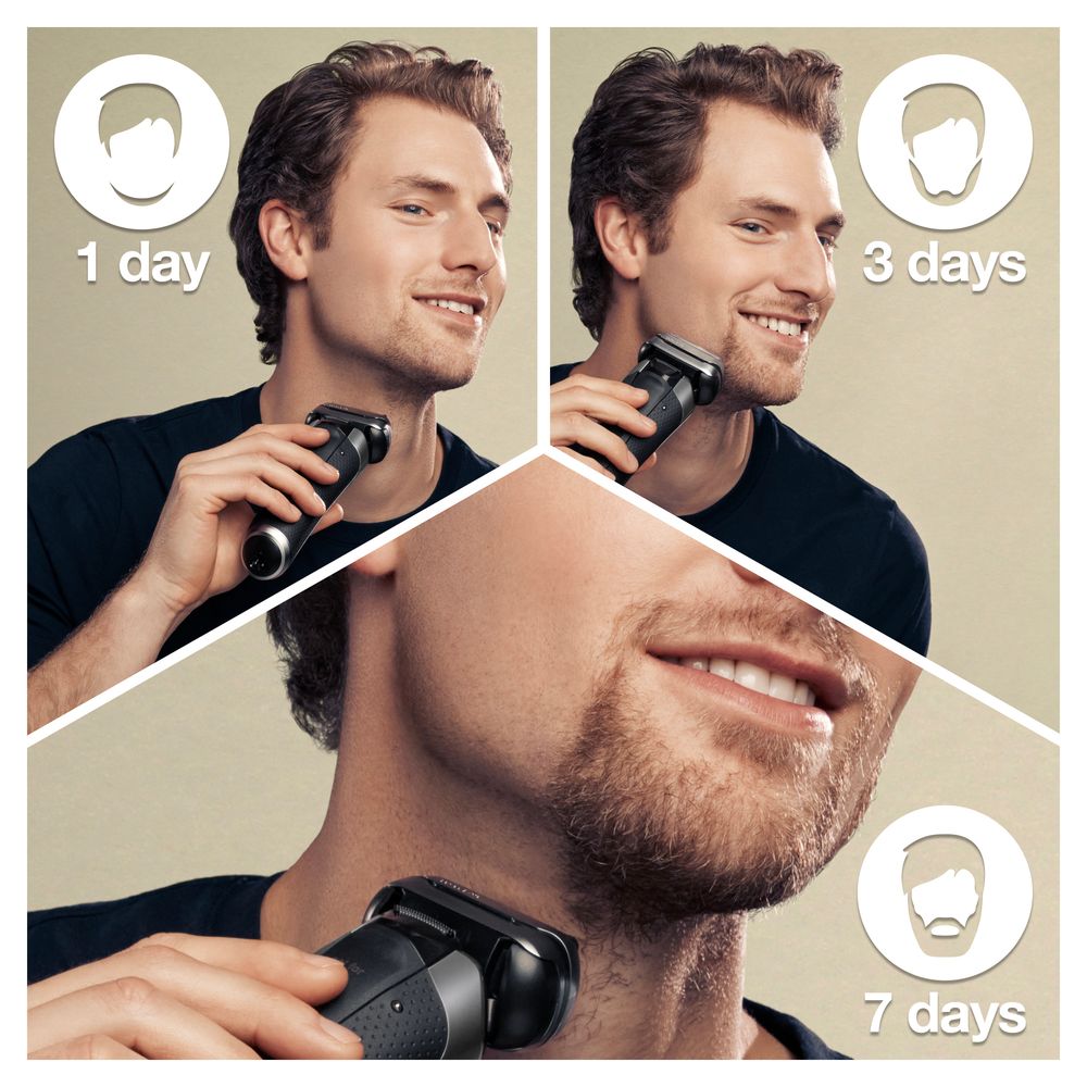 Drei Bilder zeigen einen Mann, der sich mit einem Rasierer rasiert. Bartwuchs nach 1, 3 und 7 Tagen. Rasierer in der Hand.