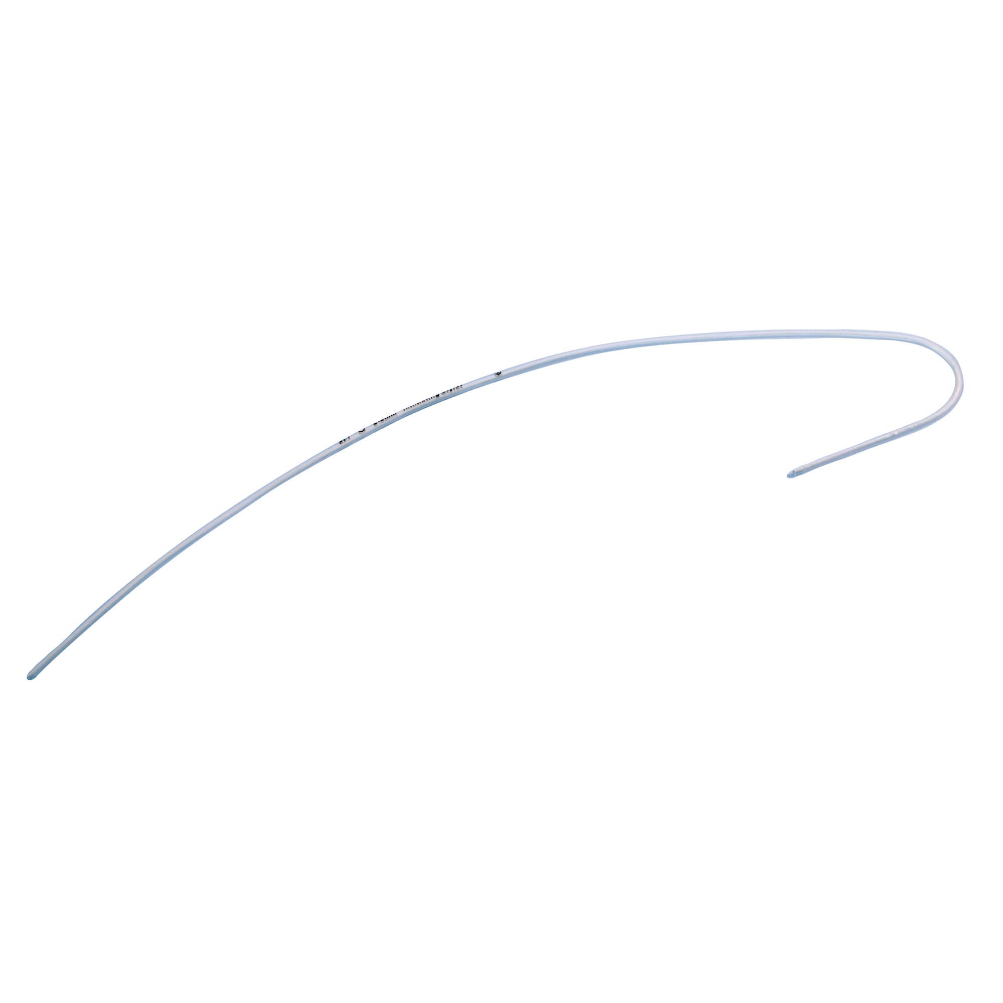 Flexibler, weißer Führungsstab für Endotrachealtuben. Gebogene Form mit abgerundeter Spitze. Beschriftung entlang des Stabs.