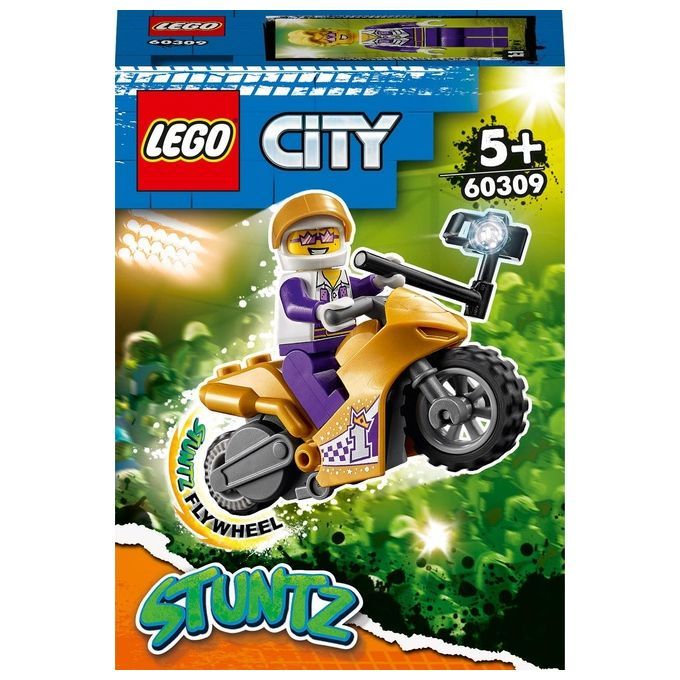 LEGO City Stunt Bike dei selfie. La confezione mostra una moto stunt gialla con un pilota con casco e occhiali. Il set include un'asta per selfie. Il set è adatto a bambini dai 5 anni in su.