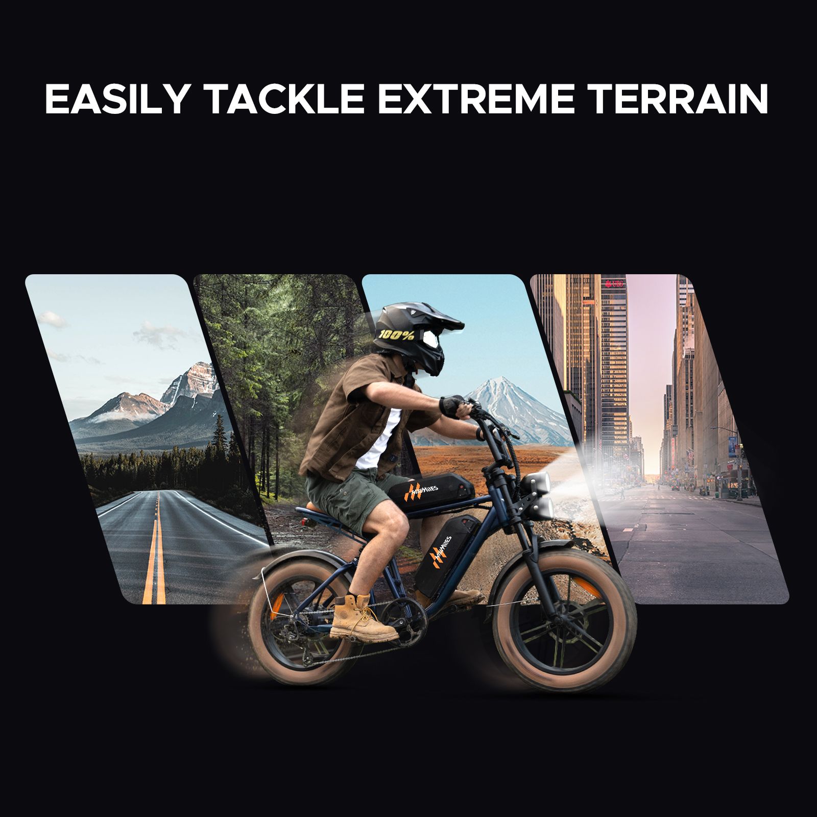 E-Bike fährt auf verschiedenen Terrains. Text: Bewältigen Sie problemlos extremes Gelände. Berge, Wald, Stadt.