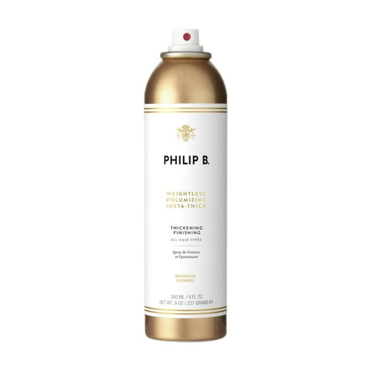 Haarspray-Flasche mit goldfarbenem Deckel und Boden. Aufschrift: Philip B. Weightless Volumizing Insta-Thick. Für alle Haartypen.