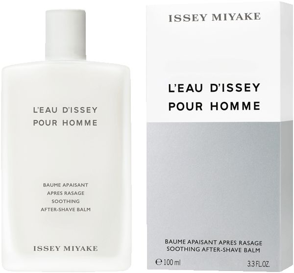Weißer Flakon und Verpackung. Aufschrift: L'Eau d'Issey Pour Homme, After-Shave Balm. Marke: Issey Miyake.