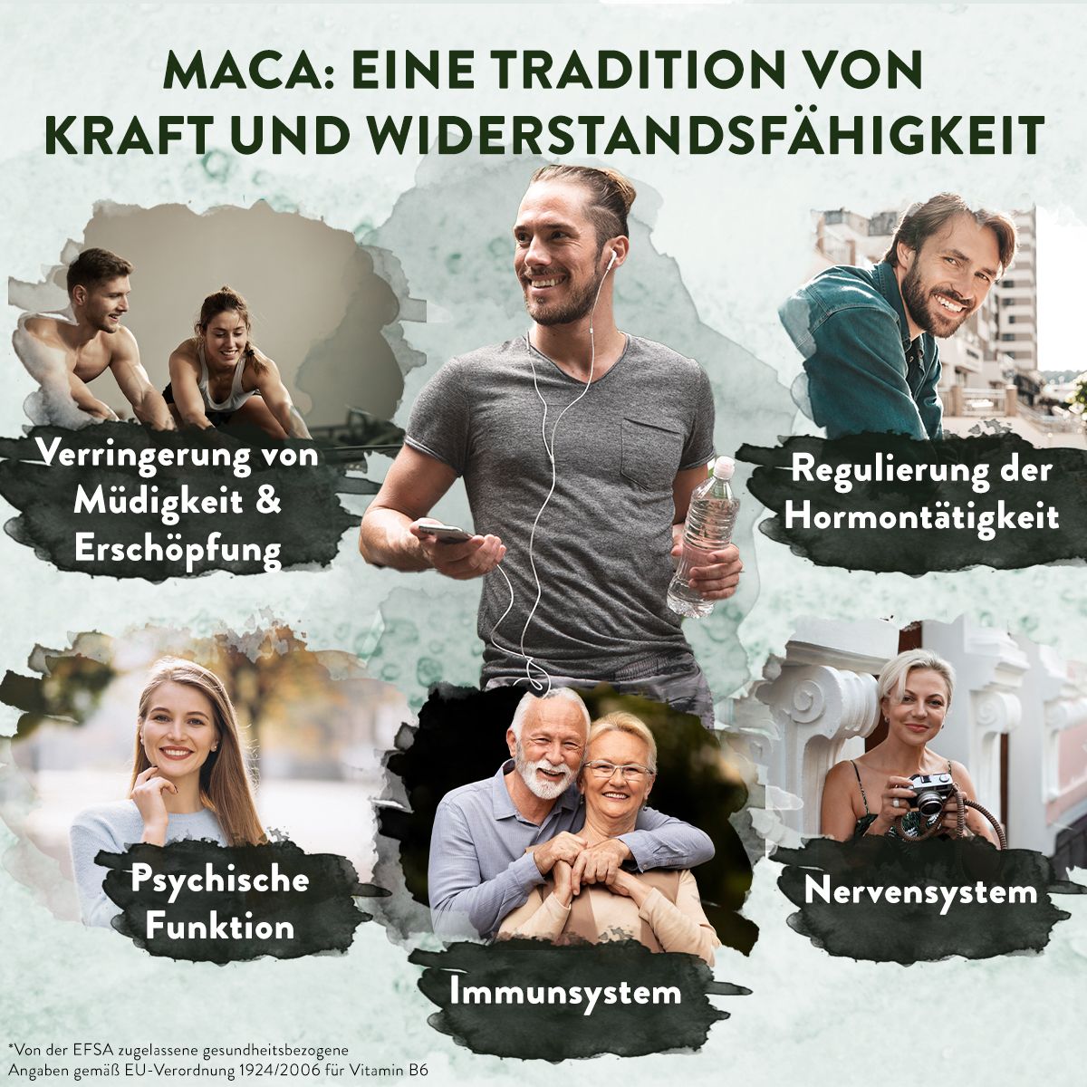 Illustrationen von Menschen, die verschiedene Aktivitäten ausüben. Text über Vorteile.