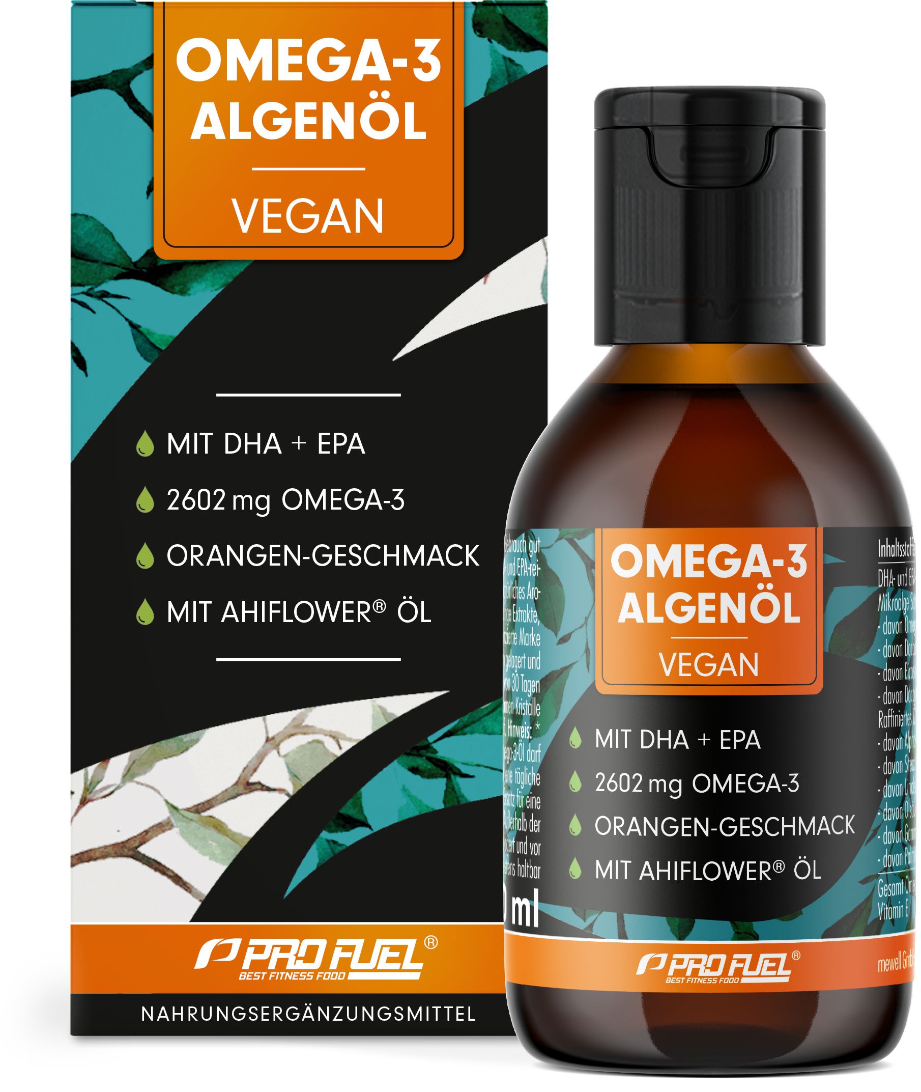 Braune Flasche Omega-3 Algenöl mit schwarzem Deckel. Orangefarbenes Etikett mit Produktinformationen. Vegan-Siegel.