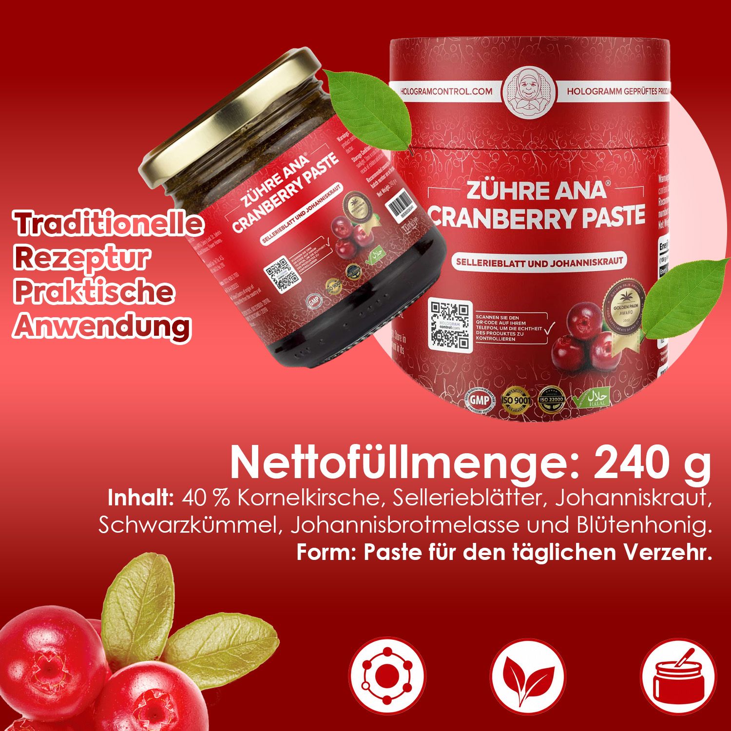 Glas Zühre Ana Cranberry Paste mit Cranberries und St. John's Wort.