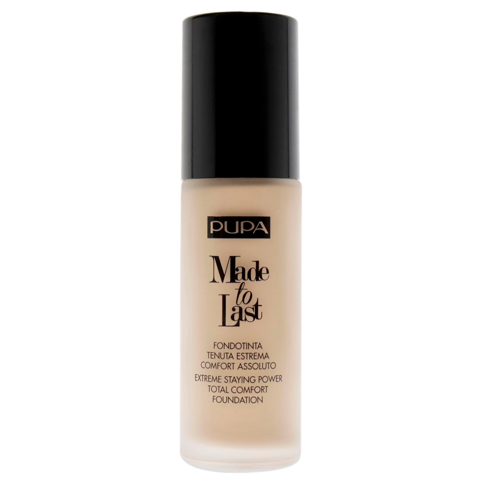 Beige Foundation-Flakon mit schwarzem Deckel. Schriftzug: Pupa Made to Last. Text in italienischer und englischer Sprache.