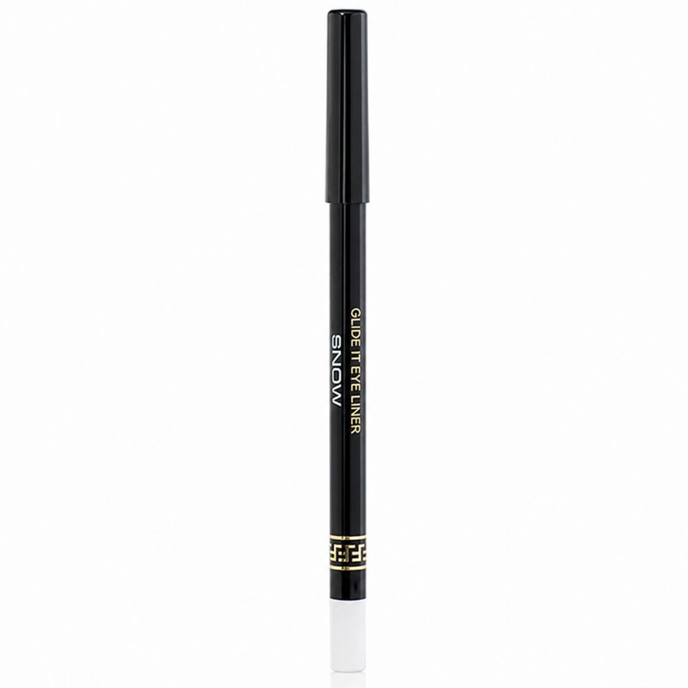 Schwarzer Eyeliner-Stift mit goldener Schrift 'SNOW GLIDE IT EYE LINER'. Weißer Spitzer.