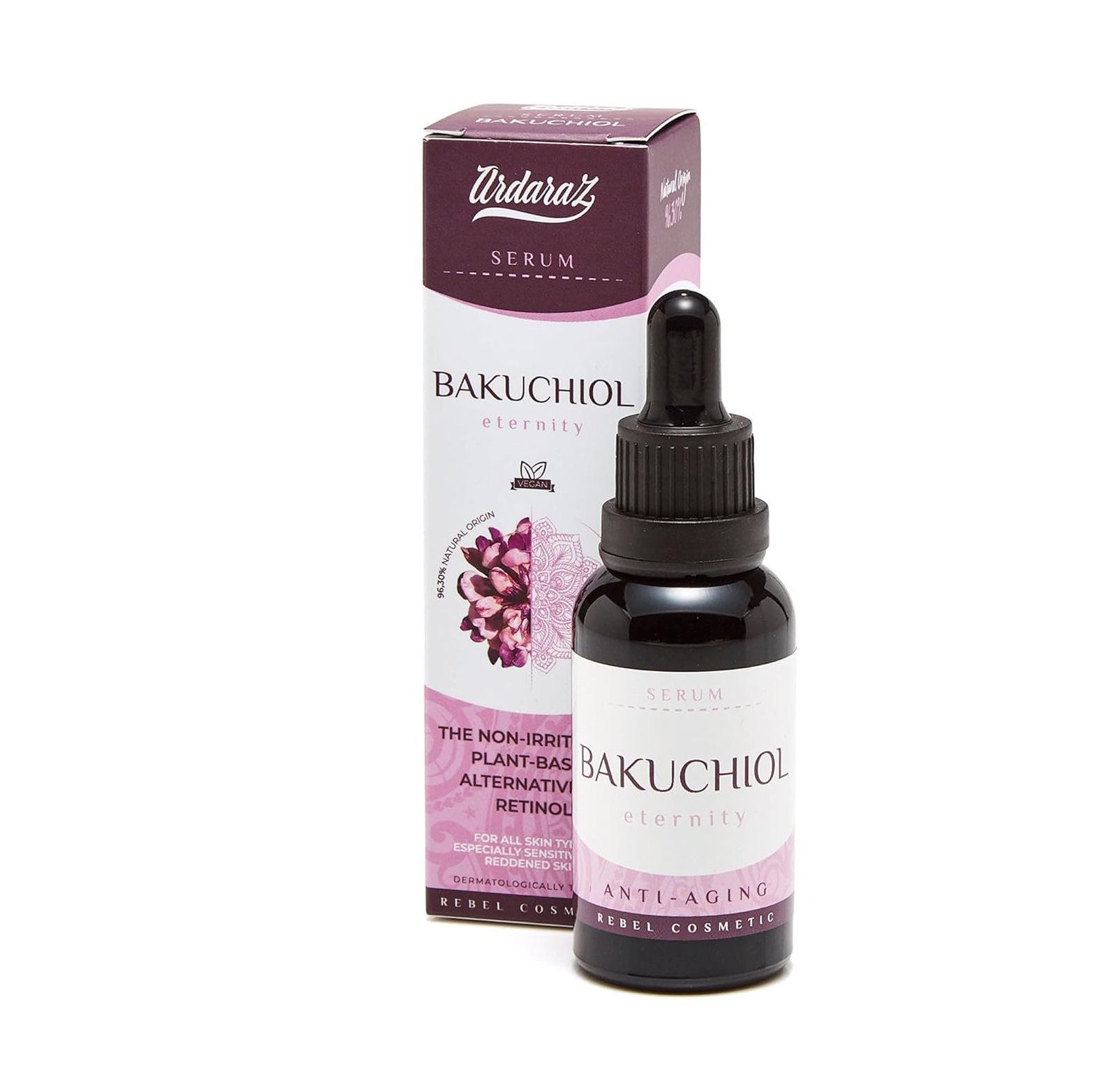 Serumflasche mit Bakuchiol und Verpackung. Schwarze Flasche mit Pipette. Verpackung mit Produktnamen und Inhaltsstoffen.