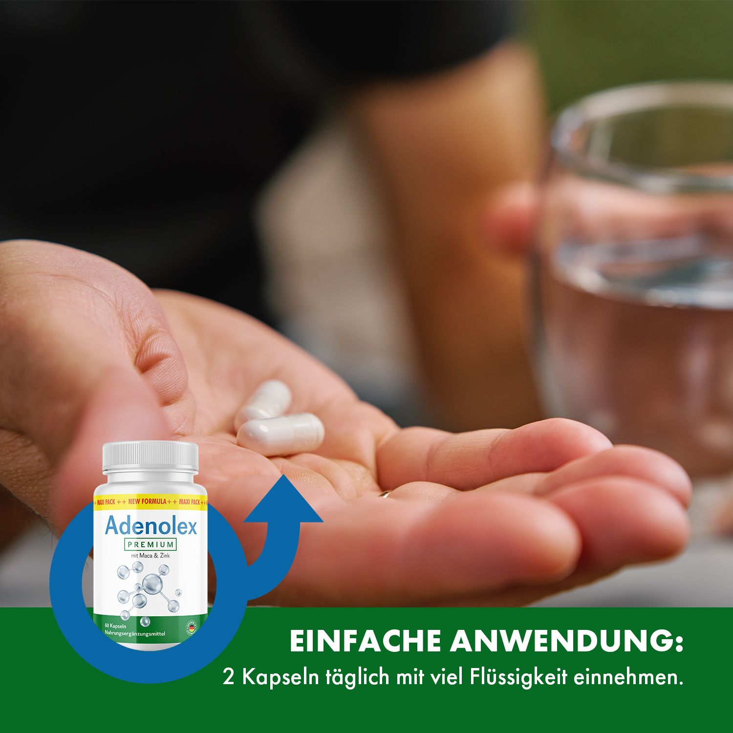 Hand mit zwei weißen Kapseln. Daneben Flasche mit Adenolex Premium. Text: Einfache Anwendung: 2 Kapseln täglich mit viel Flüssigkeit einnehmen.