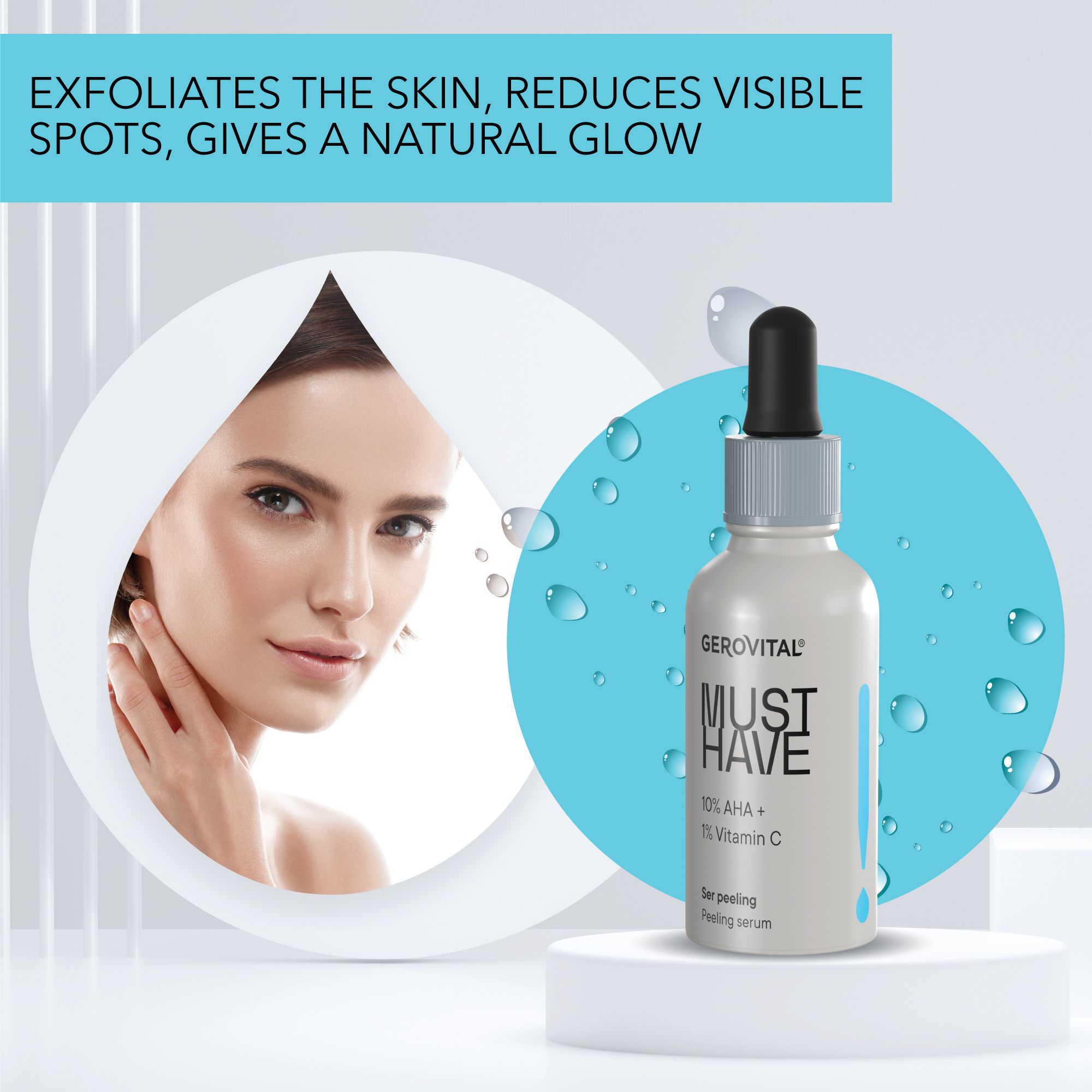 Gerovital Serum-Flakon mit Tropfer und Frauengesicht. Aufschrift: MUST HAVE, 10% AHA + 1% Vitamin C.
