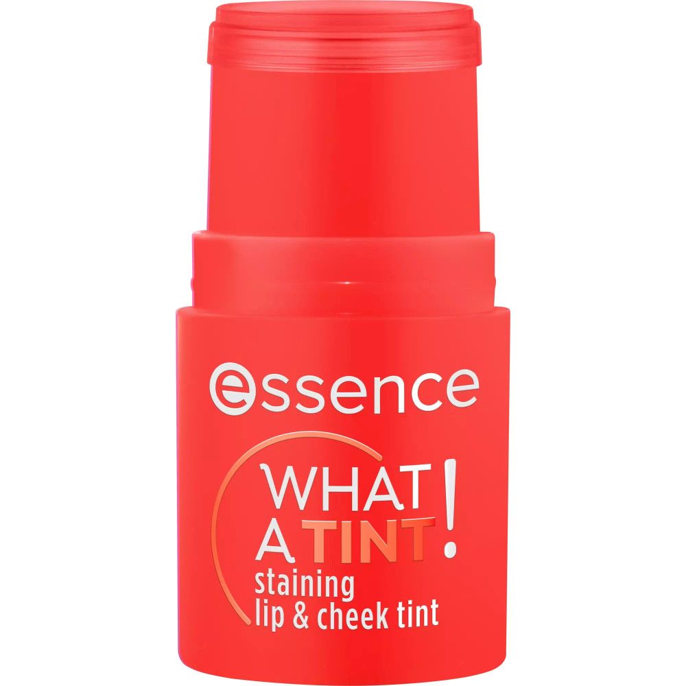 Roter Lippen- & Wangen-Tönungsstift. Aufschrift: Essence, WHAT A TINT! staining lip & cheek tint.