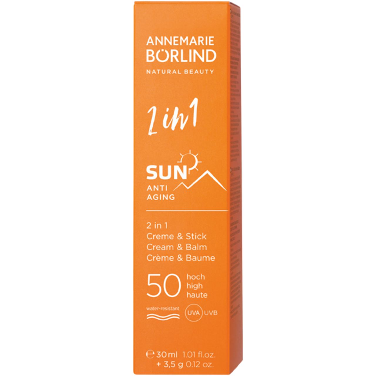 Verpackung der Sonnencreme. Orange, Text: 2in1 SUN Anti-Aging, LSF 50. Rechteckig.