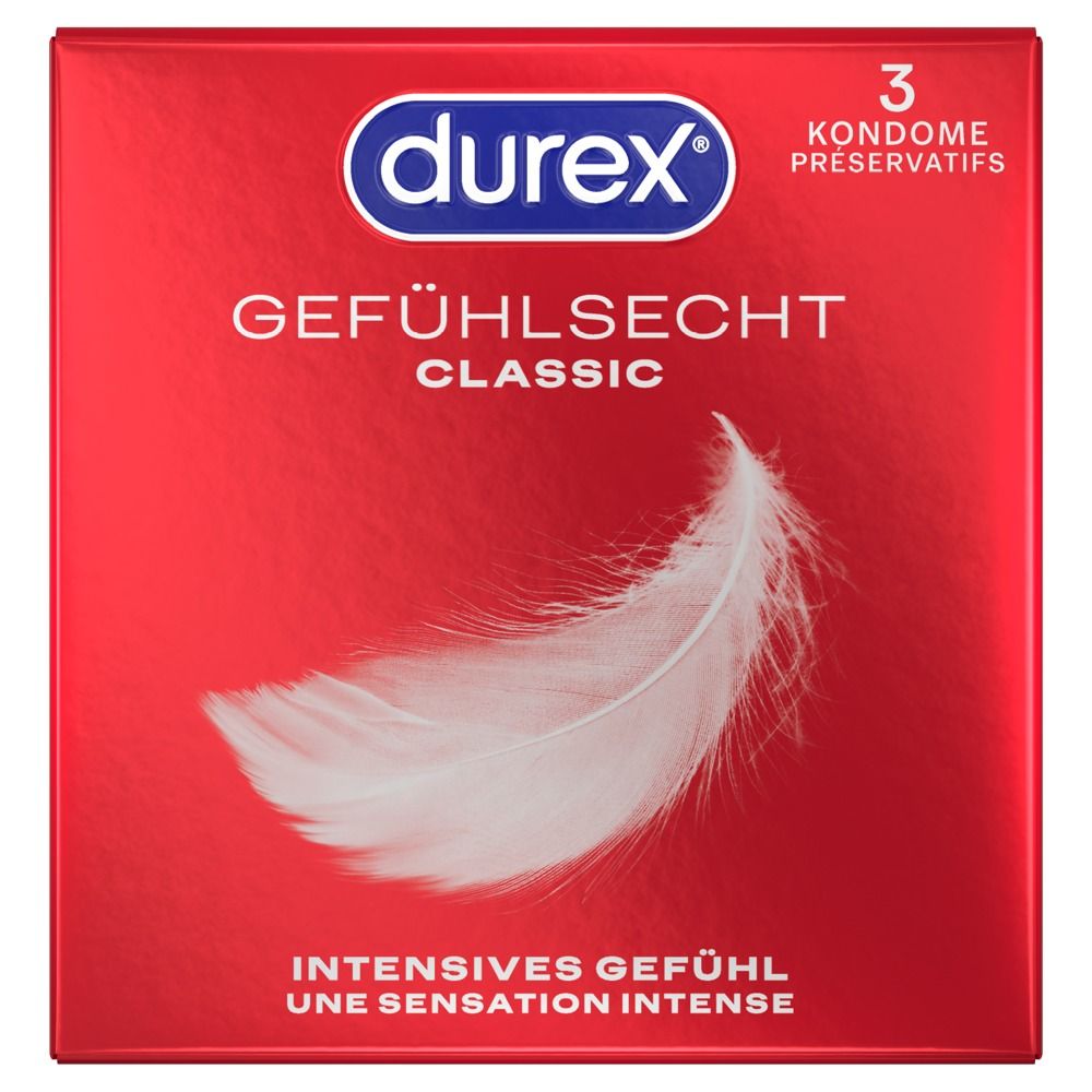 Rote Durex Gefühlsecht Classic Kondom-Packung für 3 Stück mit Feder-Symbol und Text.