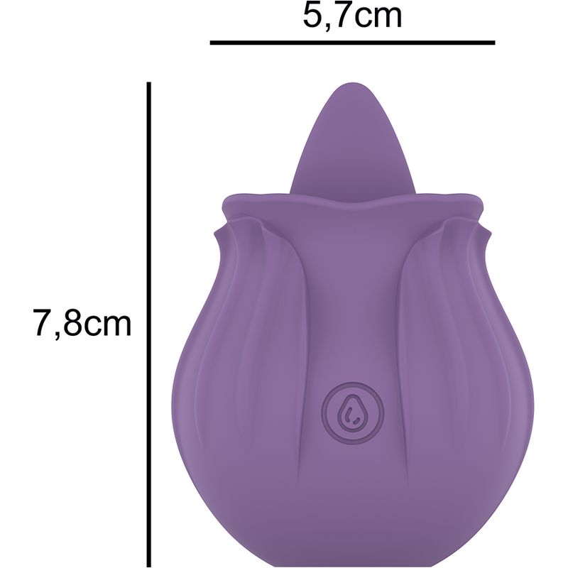 Lila Stimulator in Blütenform. Abmessungen: 7,8 cm hoch, 5,7 cm breit. Mit Bedienknopf.