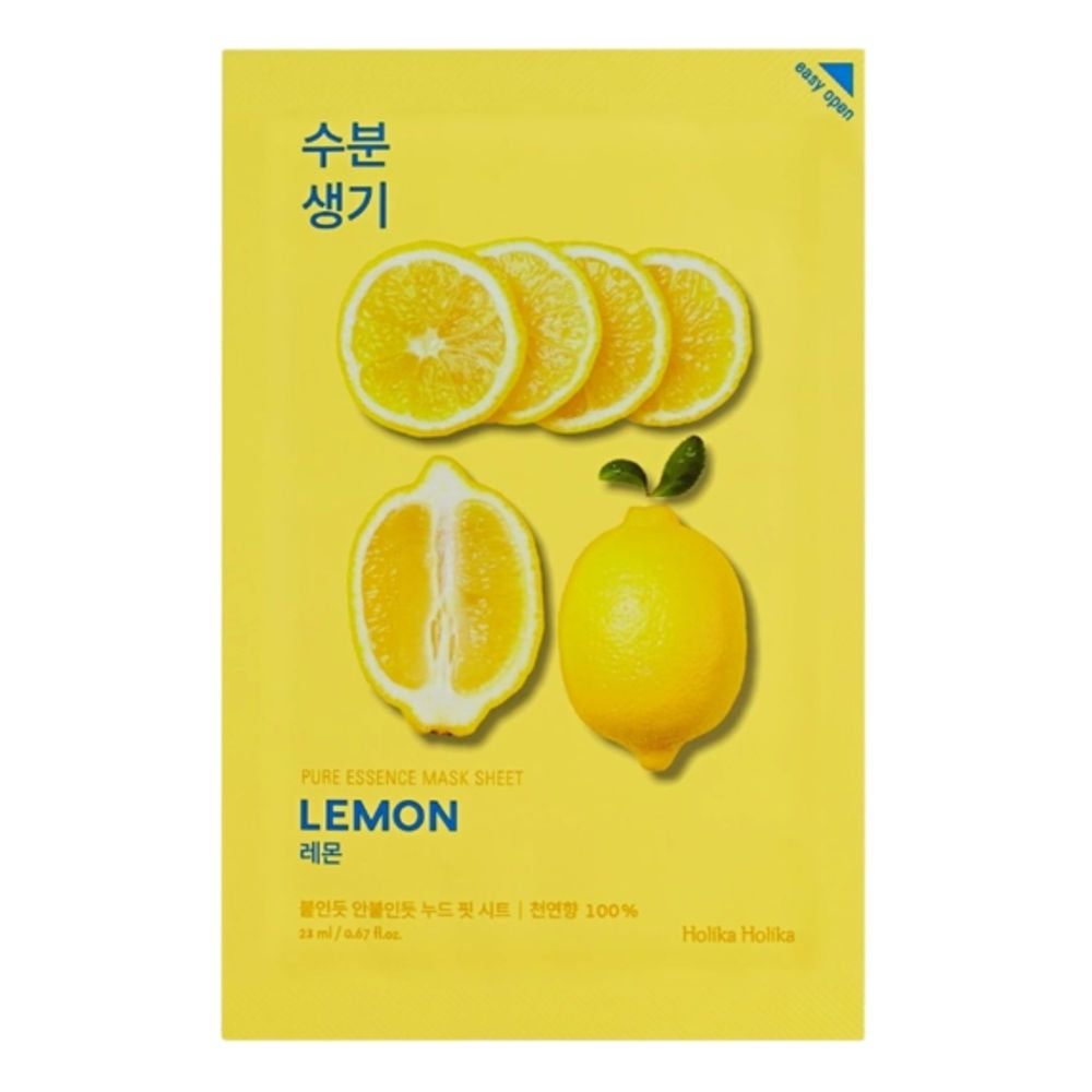 Gelbe Verpackung mit Zitronen-Illustrationen. Text: Pure Essence Mask Sheet Lemon, koreanische Schriftzeichen, Holika Holika.