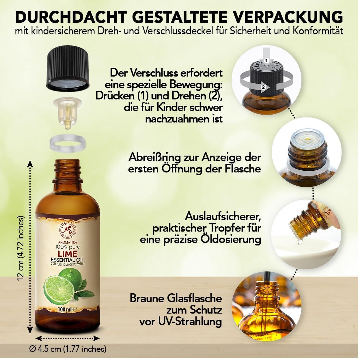 Braune Glasflasche mit kindersicherem Verschluss, 100ml, mit Etikett "100% pure Lime Essential Oil".