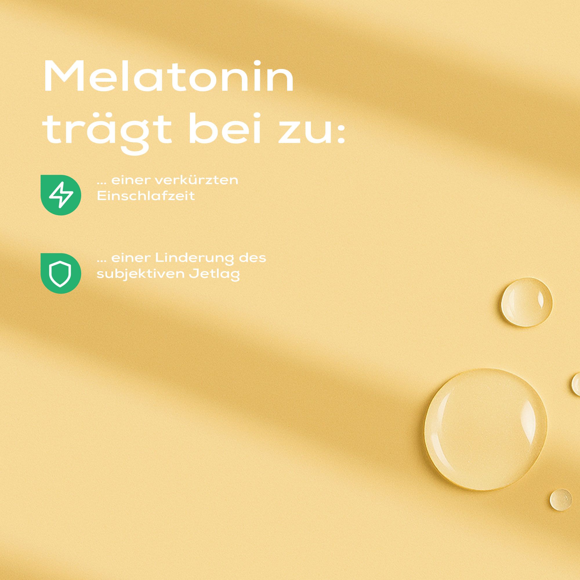 Gelber Hintergrund mit Tropfen und Text. Text: Melatonin trägt bei zu: einer verkürzten Einschlafzeit, einer Linderung des subjektiven Jetlags.