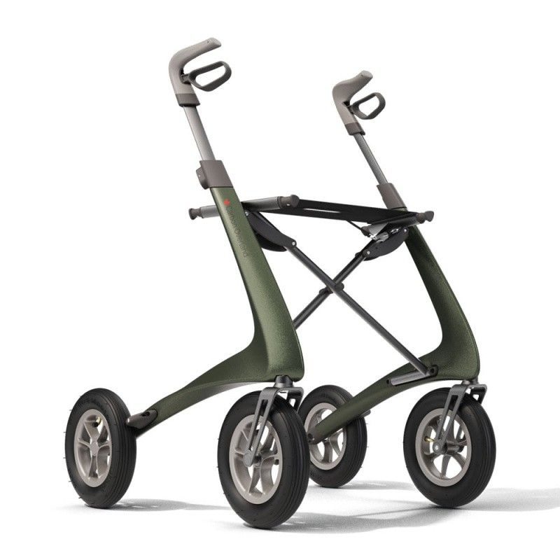 Rollator mit vier Rädern, grün. Mit Sitzfläche und Handgriffen. Graue Räder. Für den Außenbereich.