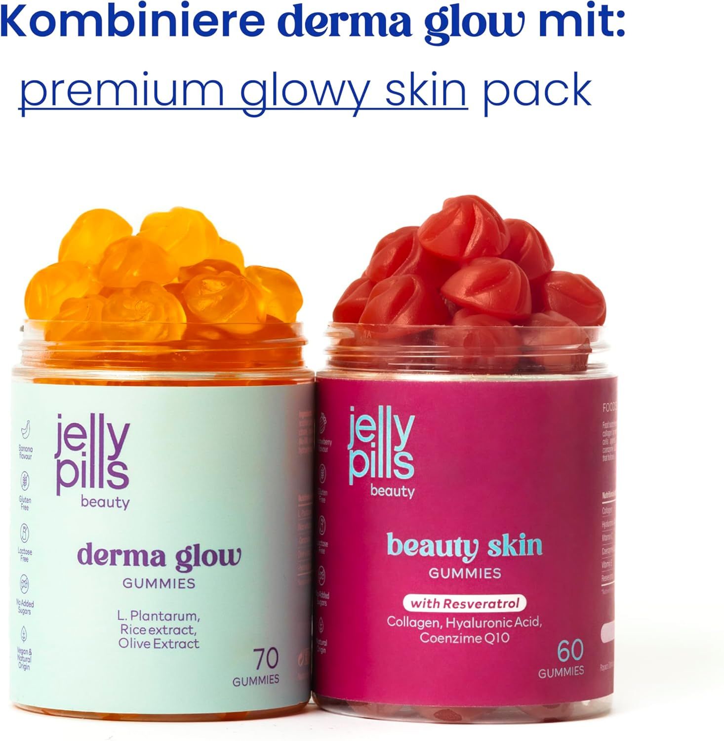 Zwei Dosen Jelly Pills Gummies. Derma Glow und Beauty Skin. 70 bzw. 60 Gummies. Aufschrift: L. Plantarum, Resveratrol, Collagen, Hyaluronsäure, Coenzym Q10.
