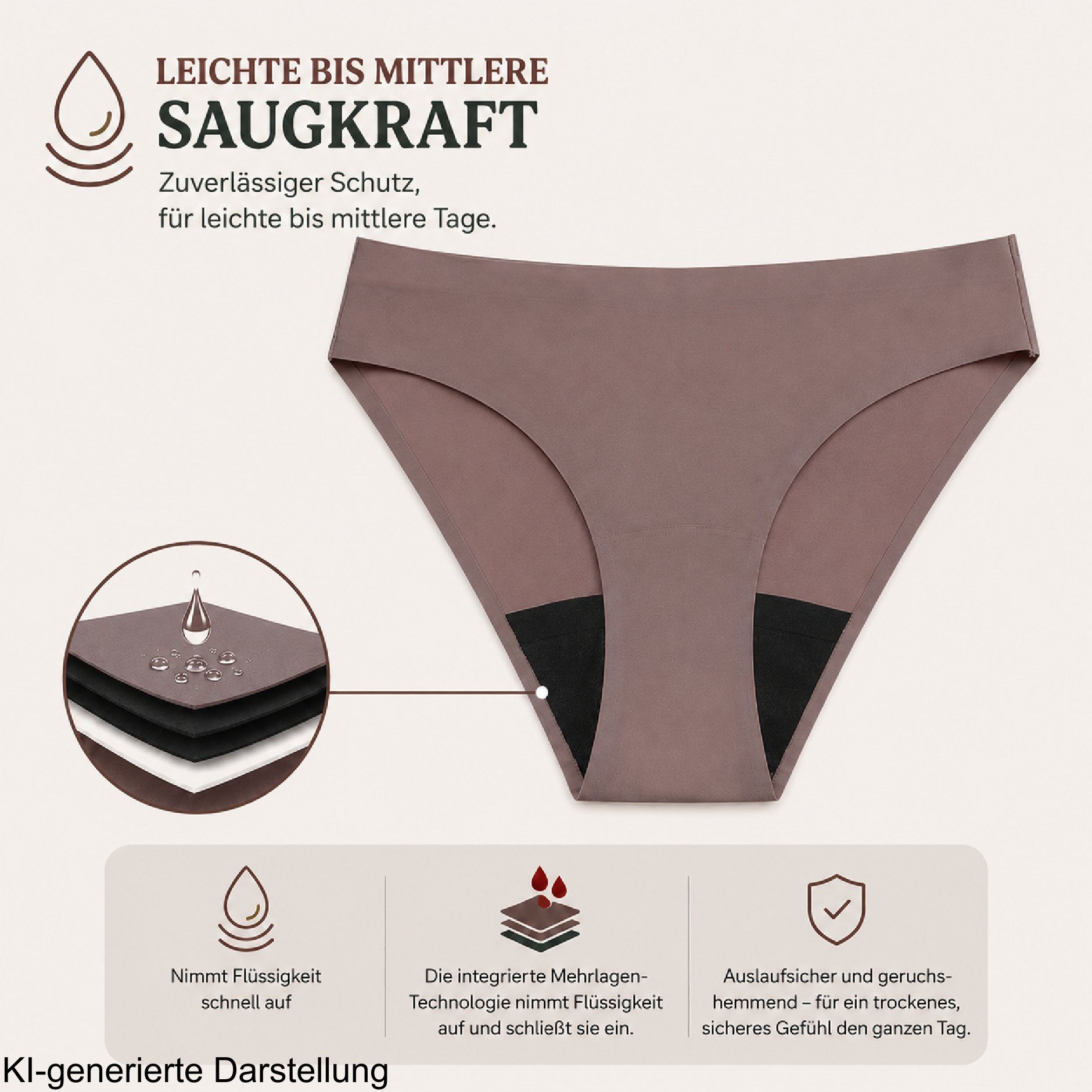 Periodenunterhose mit Saugkraft-Technologie. Mehrschichtiger Zwickel für schnelle Flüssigkeitsaufnahme.