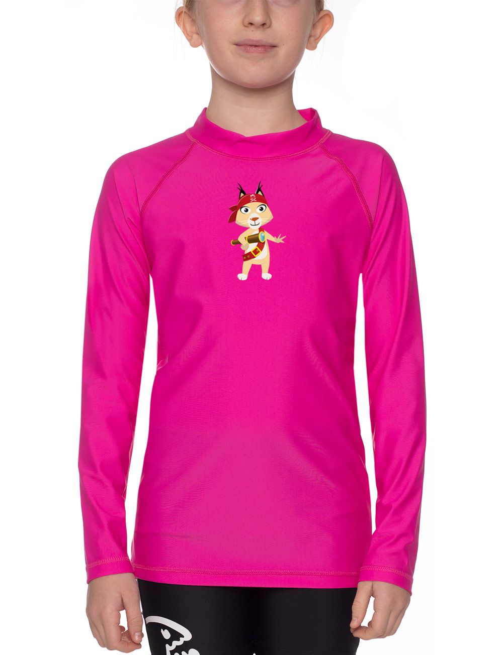 Pinkfarbenes Langarmshirt mit Stehkragen. Auf der Brust ein Cartoon-Motiv.