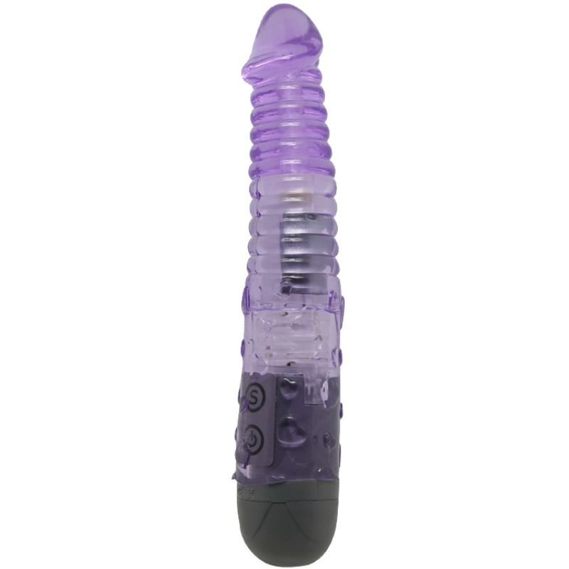 Lila Vibrator mit geriffelter Oberfläche und Knöpfen. Graue Basis. Transparente Elemente.