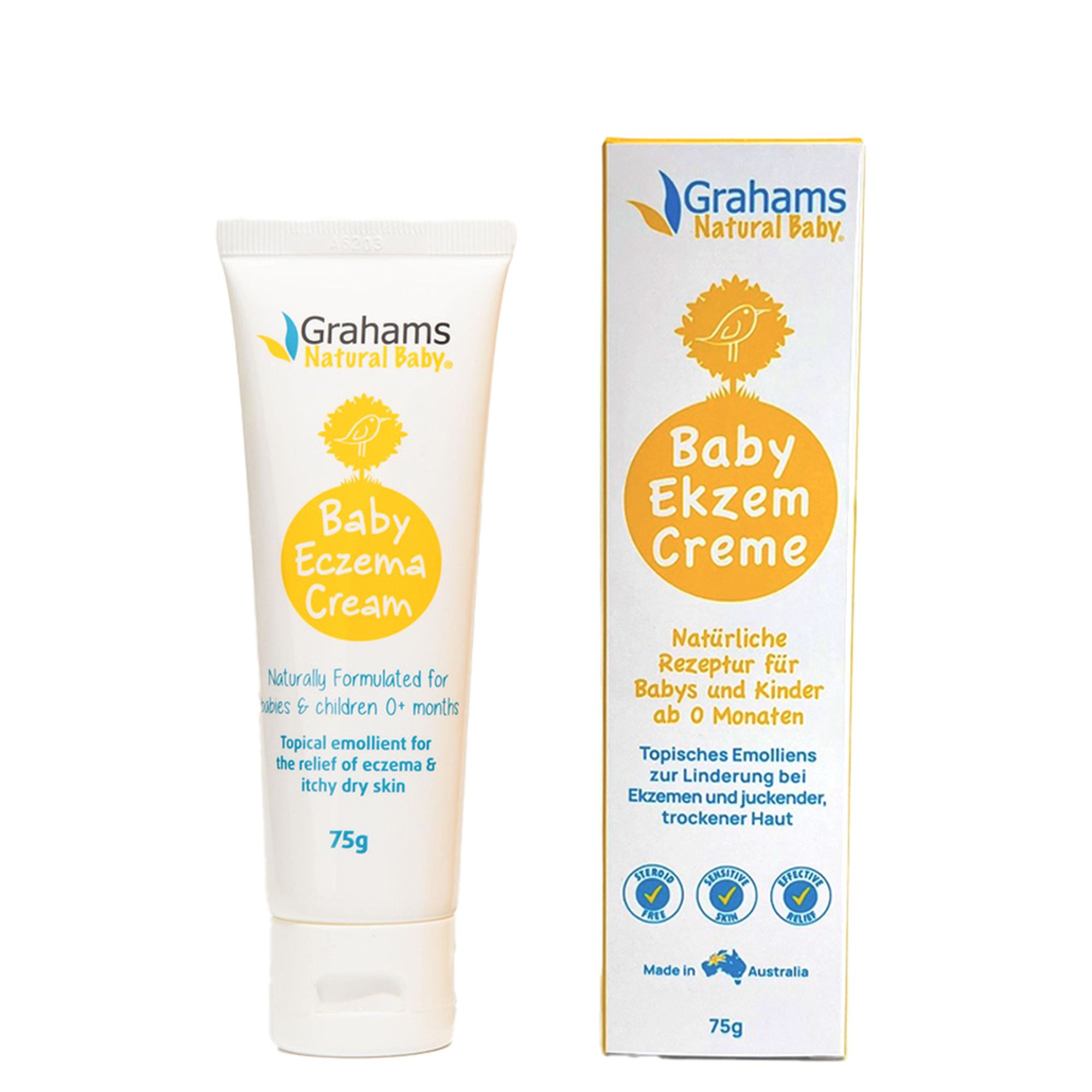 Creme-Tube und Schachtel. Text: Baby Ekzem Creme. Natürliche Rezeptur für Babys ab 0 Monaten. 75g.