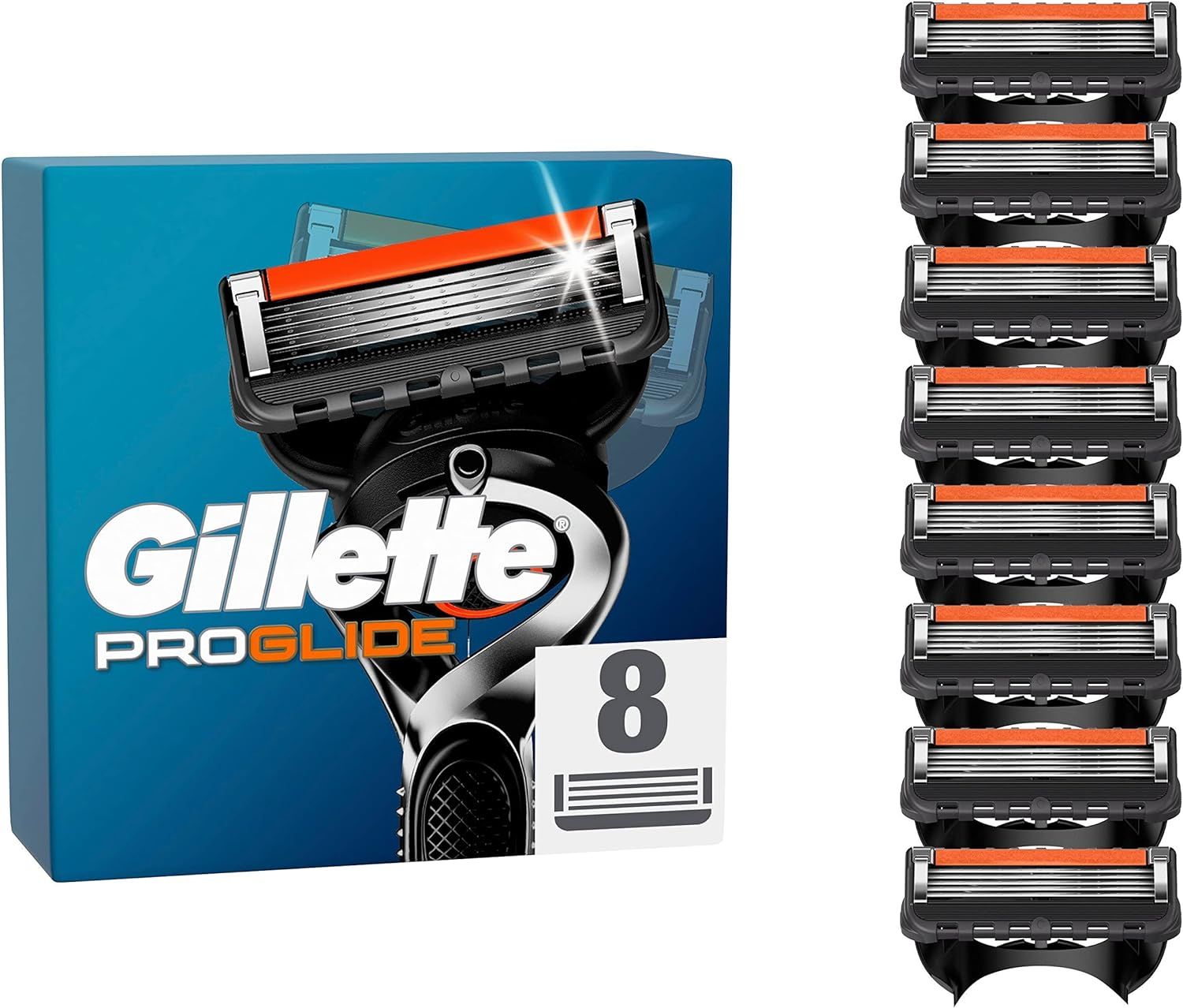 Confezione di lamette da barba Gillette ProGlide. Confezione blu con immagine del prodotto e logo. 8 lamette.