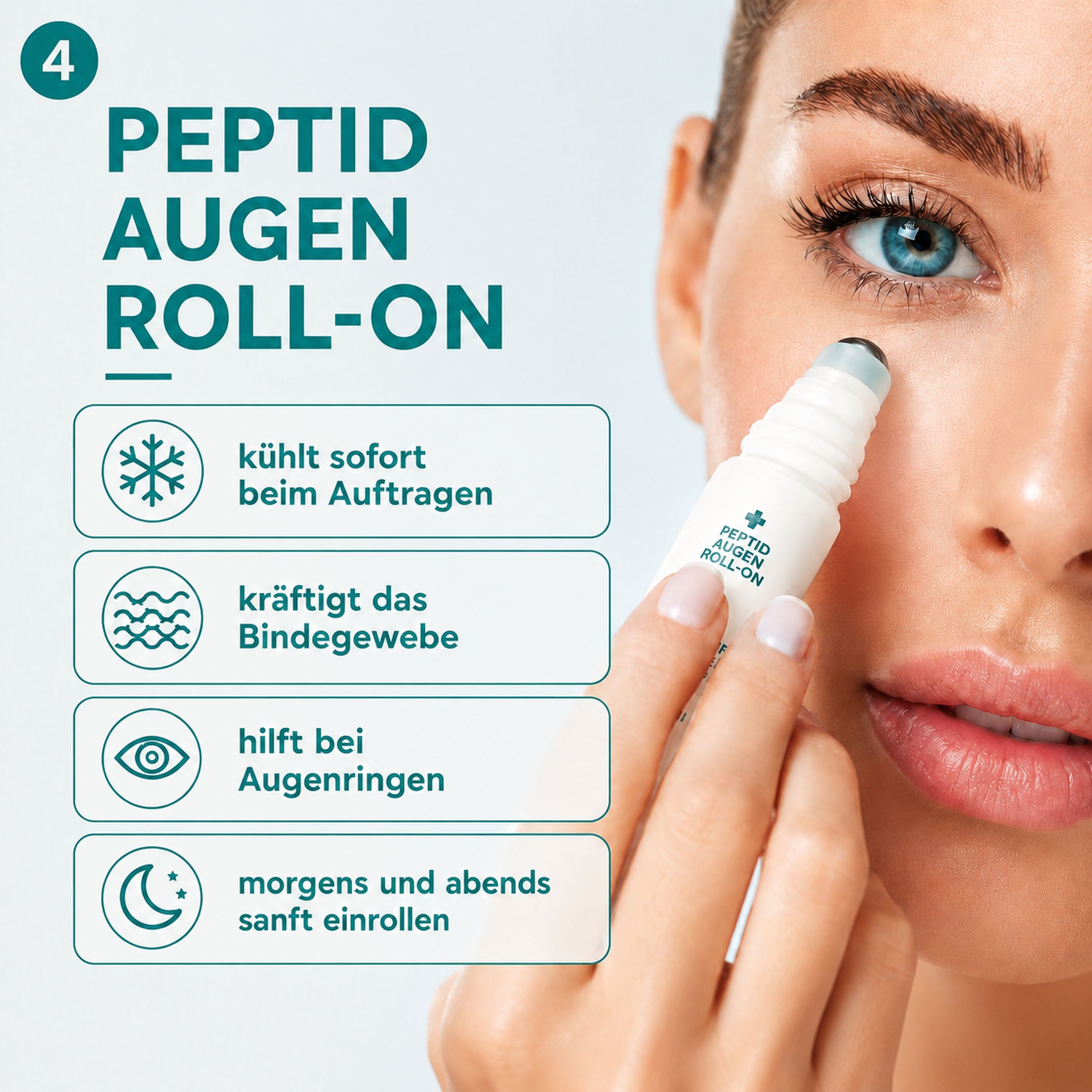 Peptid Augen Roll-On Flasche mit Applikator, der auf die Haut unter dem Auge aufgetragen wird.