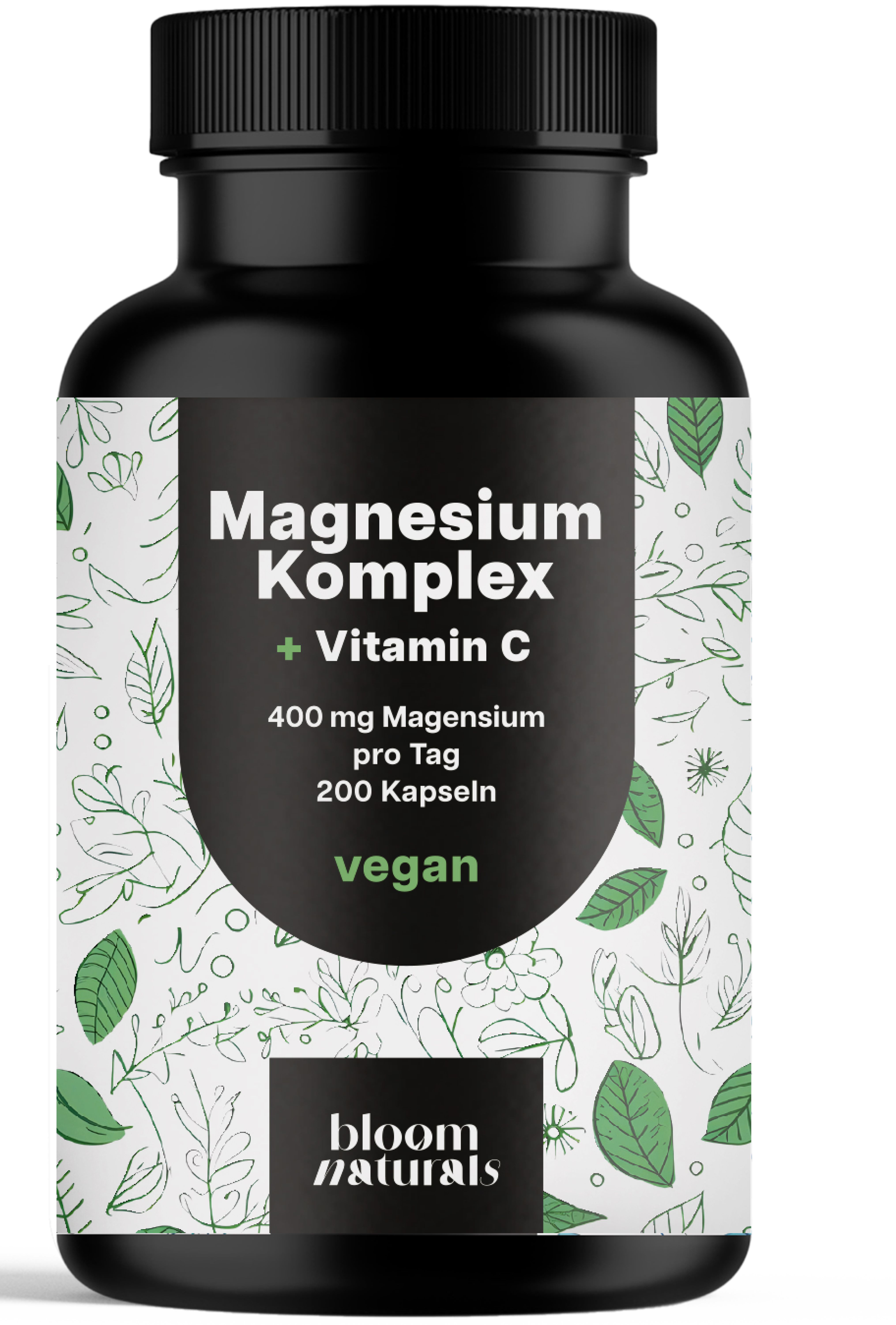 Schwarze Flasche mit "Magnesium Komplex + Vitamin C"-Etikett. Enthält 200 Kapseln, 400 mg Magnesium pro Tag. Vegan.