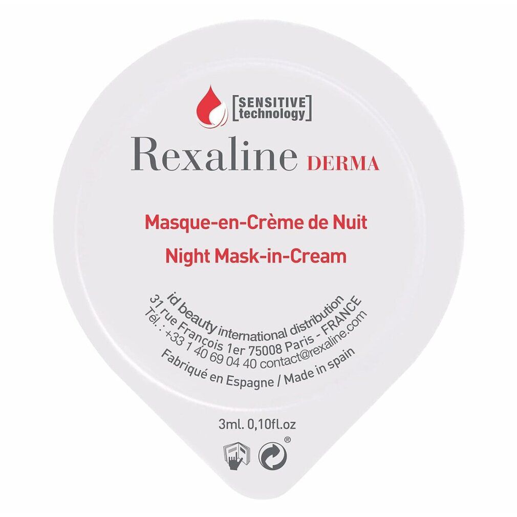 Runde, rote Kapsel mit Rexaline Derma Night Mask-in-Cream. Text: Masque-en-Crème de Nuit. Hergestellt in Spanien.