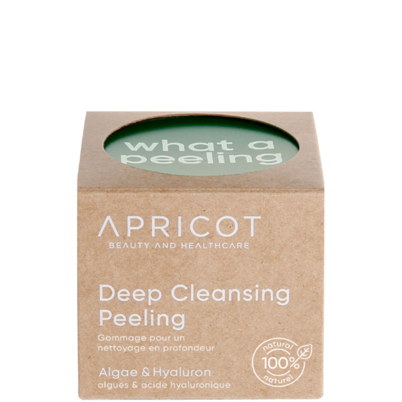Kartonverpackung mit "what a peeling" Logo. Aufschrift: Apricot, Deep Cleansing Peeling, Algae & Hyaluron. Mit 100% natural Siegel.