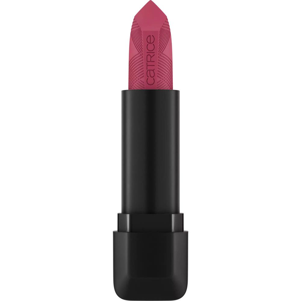 Lippenstift mit schwarzem Gehäuse. Der Lippenstift ist pink und hat eine geprägte Oberfläche mit dem Schriftzug "Catrice".