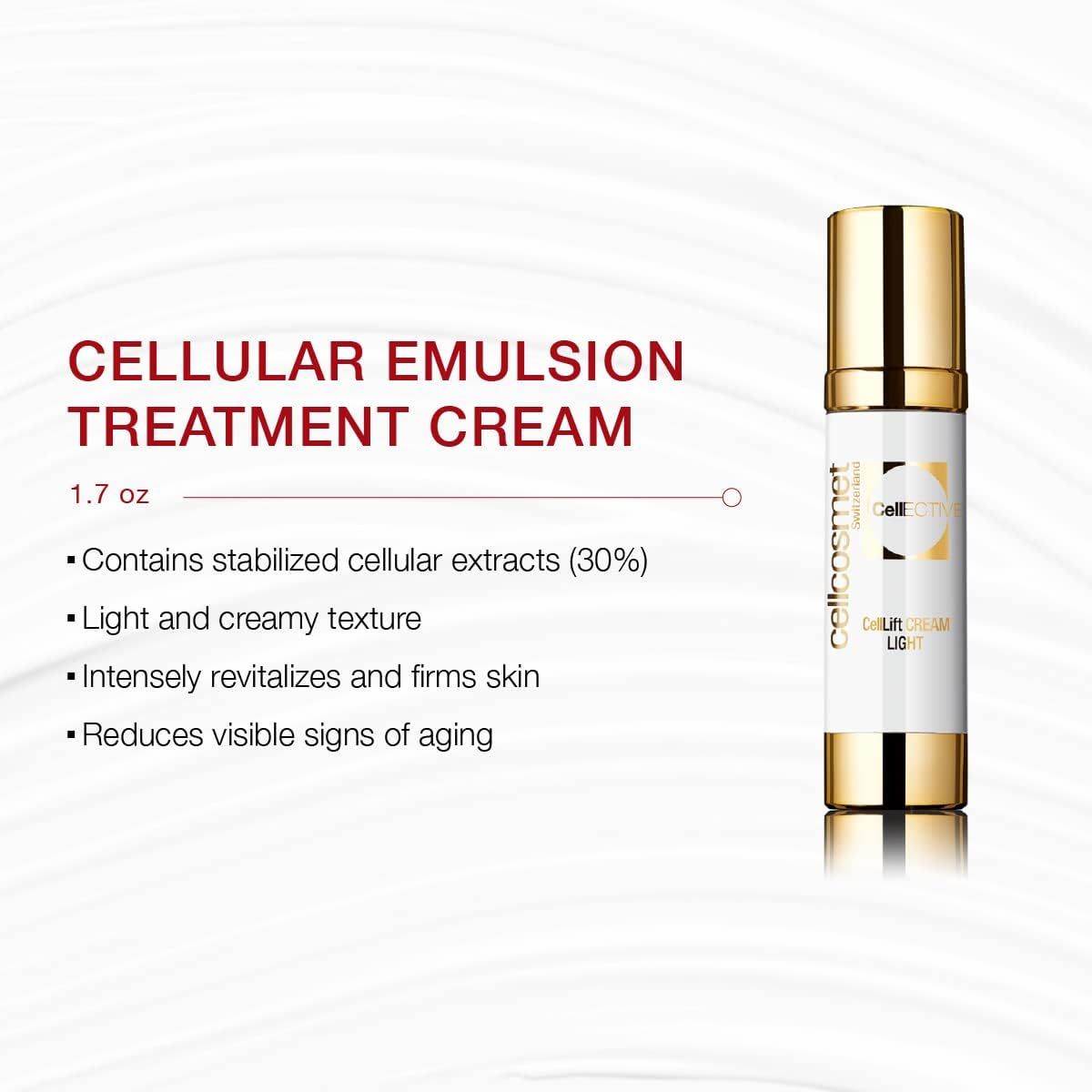 Zylindrische Flasche mit goldener Kappe. Text: CELLULAR EMULSION TREATMENT CREAM, 1.7 oz. Enthält stabilisierte zelluläre Extrakte.