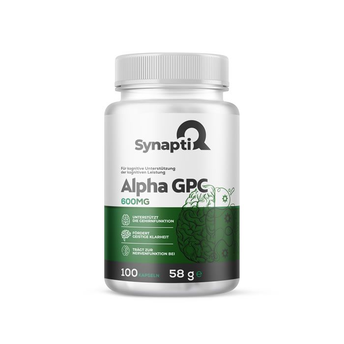 SynaptiQ® Alpha GPC-Kapseln. Weiße Flasche mit grünem Etikett. Enthält 100 Kapseln. Aufschrift: 600MG.