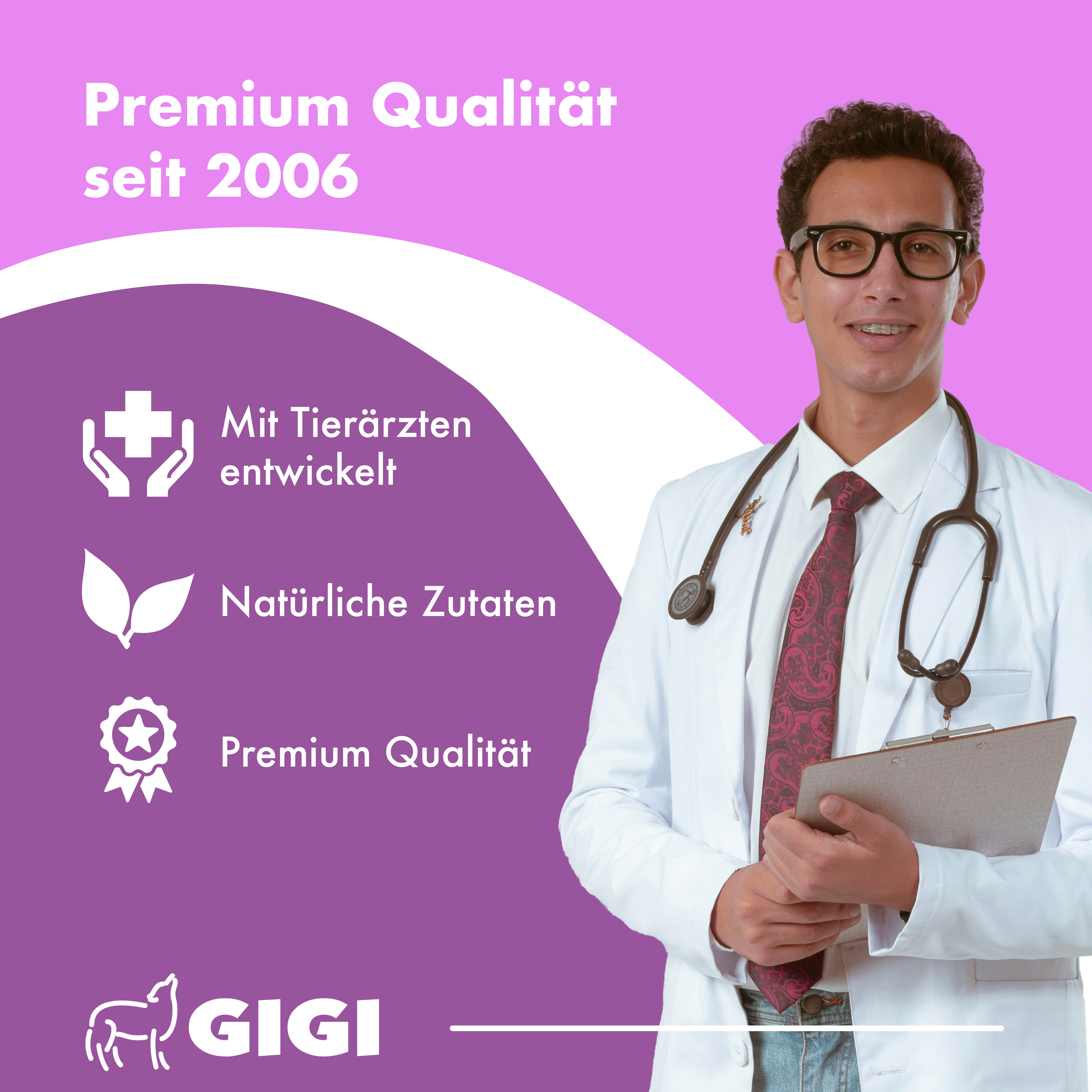 Arzt mit Stethoskop. Text: Mit Tierärzten entwickelt, Natürliche Zutaten, Premium Qualität. Logo: GIGI.
