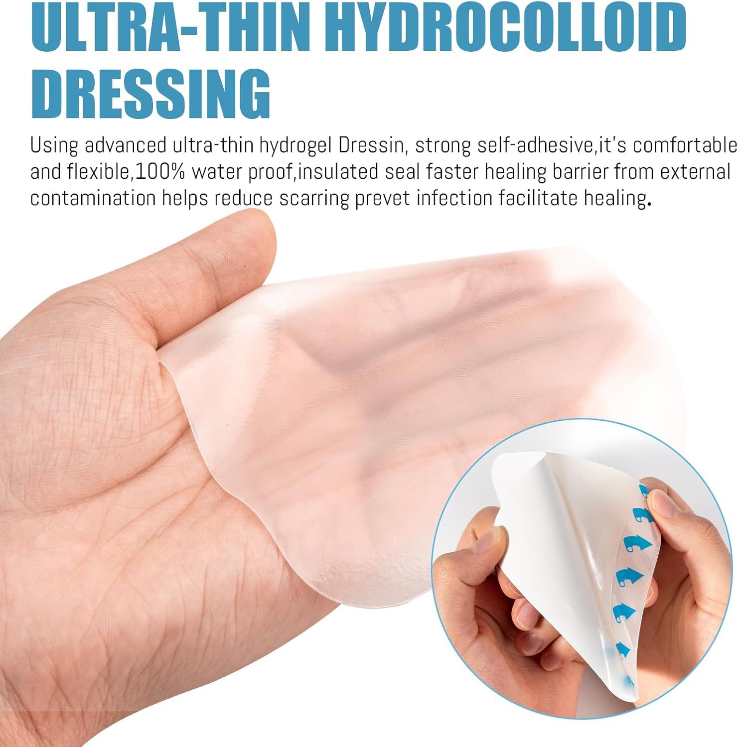 Ultra-dünne Hydrokolloid-Wundauflage. Zeigt eine transparente Auflage in der Hand.