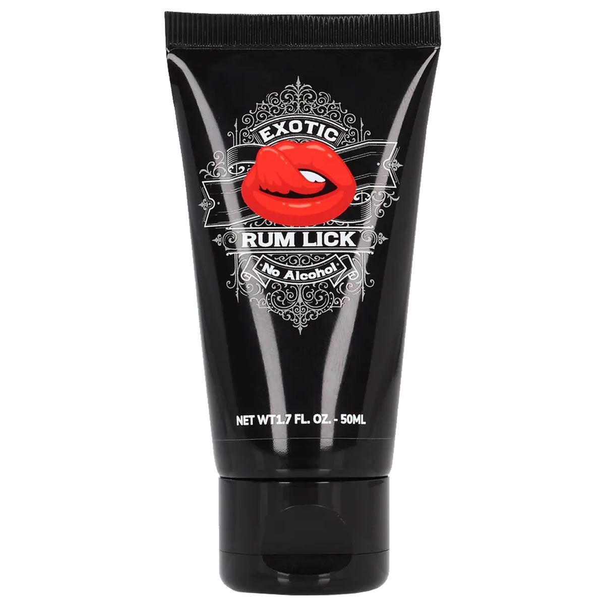 Tube noire avec logo de lèvres rouges et texte "EXOTIC RUM LICK". Texte : "No Alcohol".