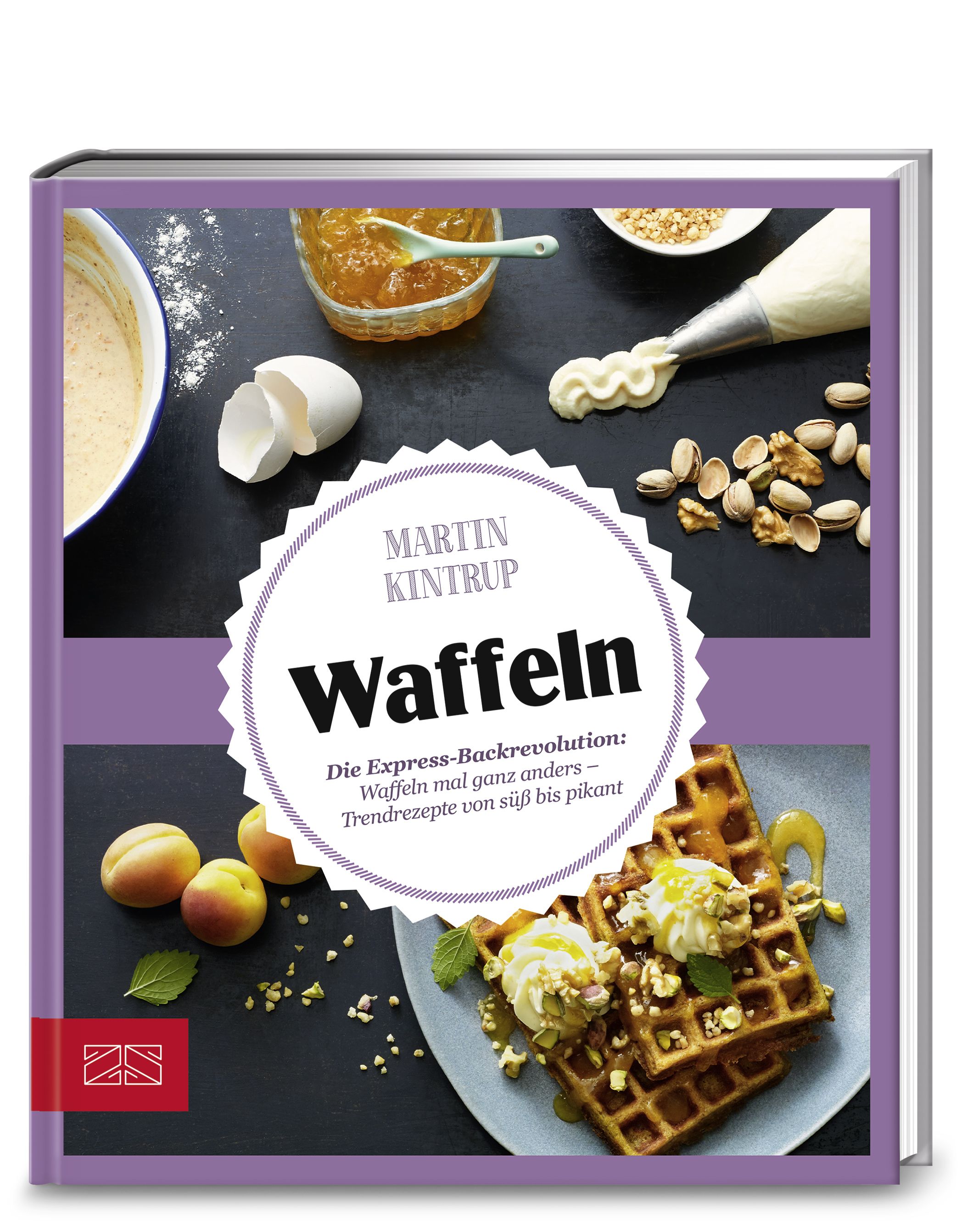 Buchcover mit dem Titel "Waffeln". Autor: Martin Kintrup. Auf dem Cover: Waffeln mit Toppings, Zutaten und Text.