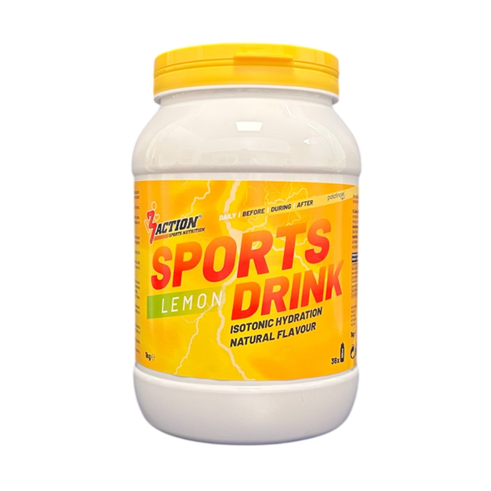 Weißes Sportgetränk-Pulver in einem Behälter mit gelbem Deckel. Aufschrift: Sports Drink Lemon, isotonische Hydratation.