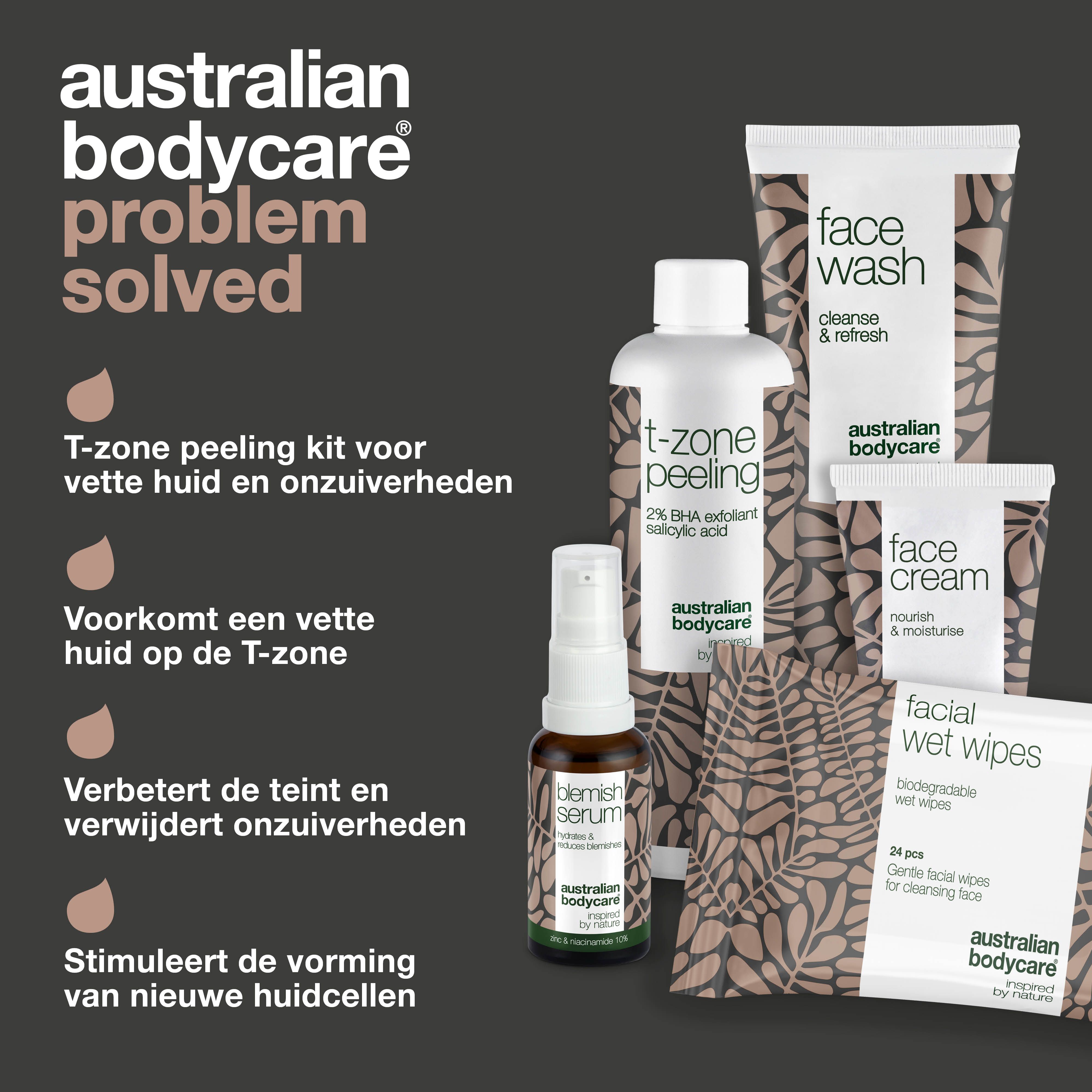 Producten voor de T-zone. Wasgel, peeling, crème, serum, doekjes. Tekst: Probleem opgelost.